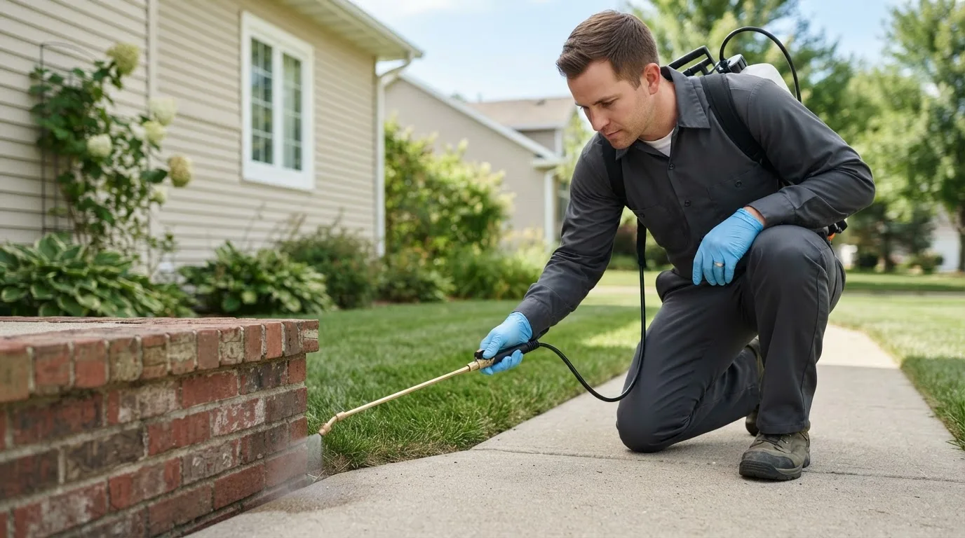 Pest control technician treating a home near David City, NE