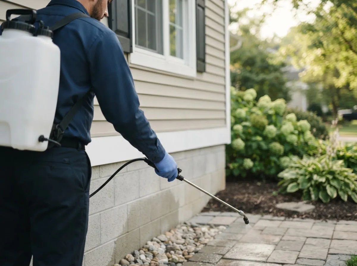 Pest control technician inspecting a home in David City, NE